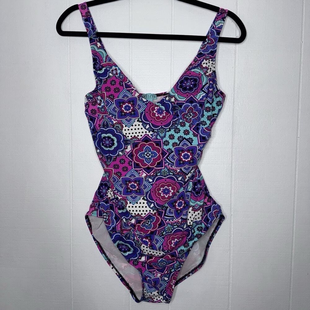 Spanx Assets Women’s One Piece Swimsuit Purple Geometric Floral Size L